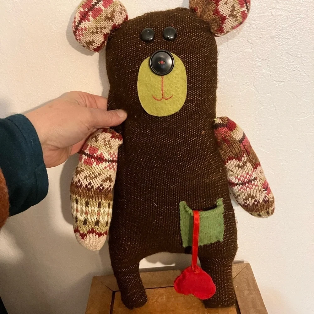 Handmade up cycled sweater bear pillow friend with heart in the pocket